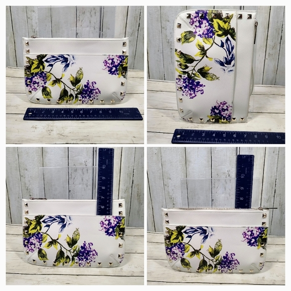 White House Black Market Vegan Lthr White Floral Zip Multi-Pocket Wristlet NWOT - Picture 9 of 10